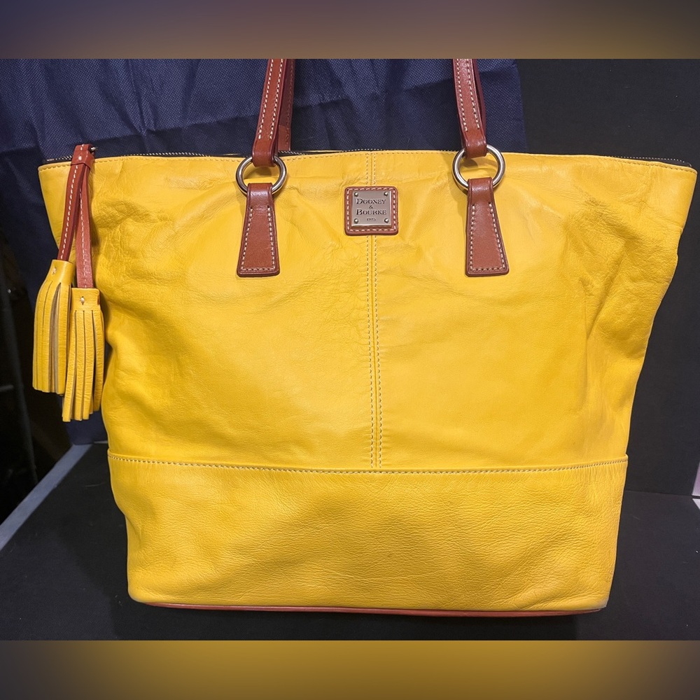 Dooney & Bourke Bright Yellow Leather Tote with Brown Straps and Dust Bag - Picture 3 of 16